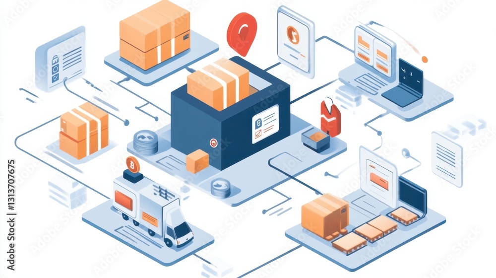Poster A futuristic visualization of a digital supply chain with blockchain integration.
