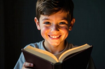 Smiling boy toddler reading tale. Book is shining with fairy light from it. Close up portrait