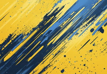 Vibrant yellow and blue abstract background with diagonal brush strokes and splatters, creating dynamic and energetic visual effect. Perfect for modern design projects