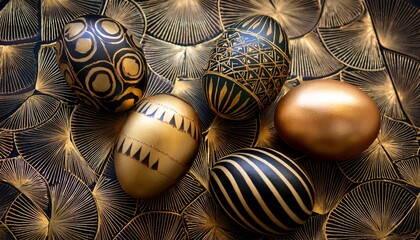 Fototapeta premium Art Deco Easter design. Richly decorated eggs on geometric background in vibrant colors. Elegant holiday artwork.