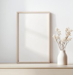 Empty framed print on light wood table, minimalist decor