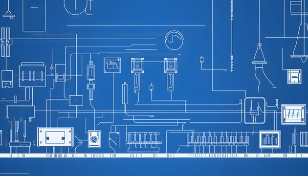 Blueprint illustration of a complex industrial system