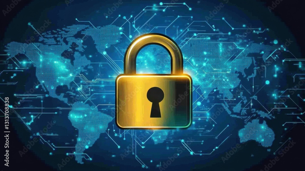 Poster a glowing padlock icon amidst a global cybersecurity network with encrypted digital signals.