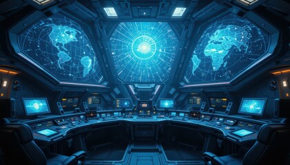 Futuristic Control Room with World Map and Digital Interfaces