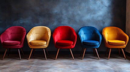 Collection of stylish chairs with rich colors and different finishes neatly arranged against a plain wall