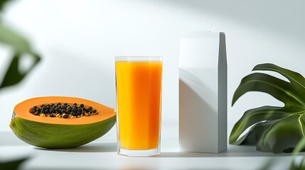 Fototapeta premium Fresh Papaya, Glass of Papaya Juice, and Blank Juice Carton on White Background with Green Leaves