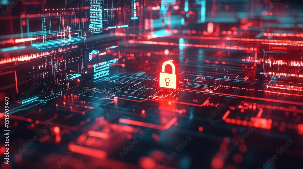 Aufkleber a high-tech cybersecurity network with a glowing padlock, symbolizing safe data storage.