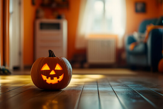 
Close-up of a carved pumpkin on a wooden floor in an orange room with a blurred window and furniture, a Halloween concept
