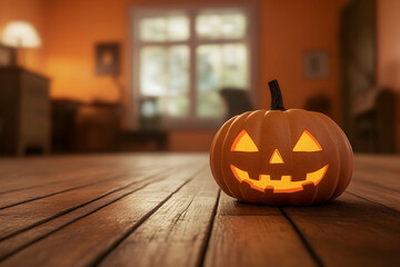 
Close-up of a carved pumpkin on a wooden floor in an orange room with a blurred window and furniture, a Halloween concept