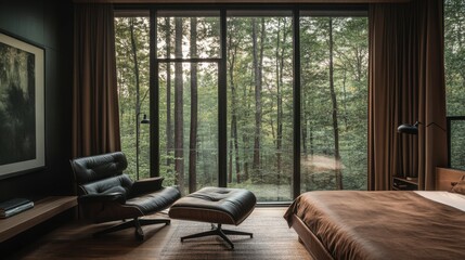 Fototapeta premium modern minimalist bedroom design with forest view