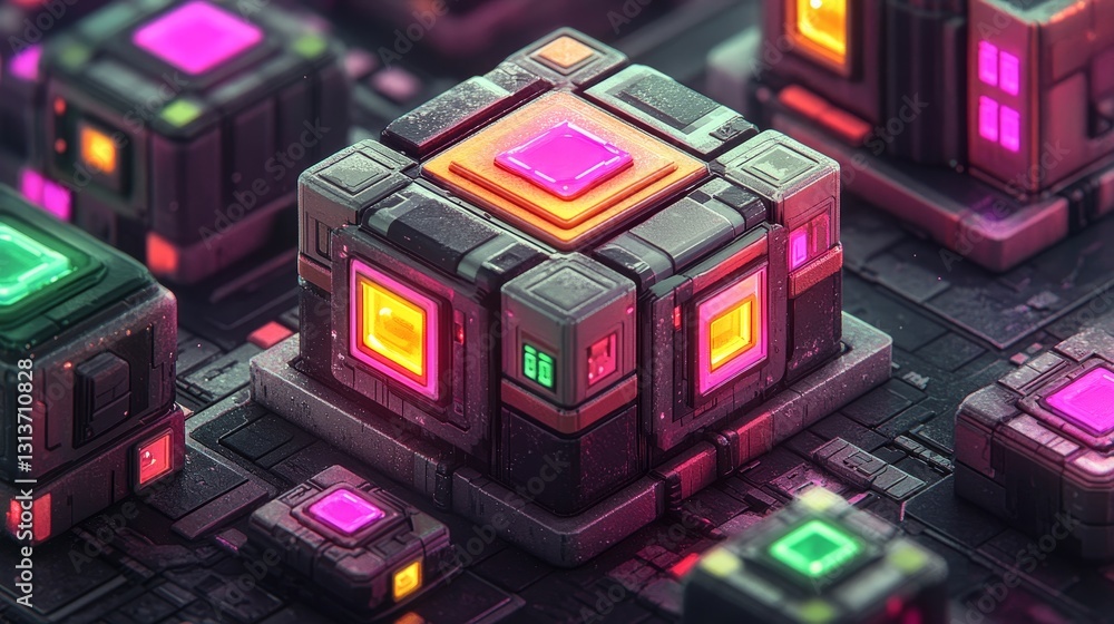 Poster abstract interconnected voxel structures luminous geometric arrangement digital illustration intrica
