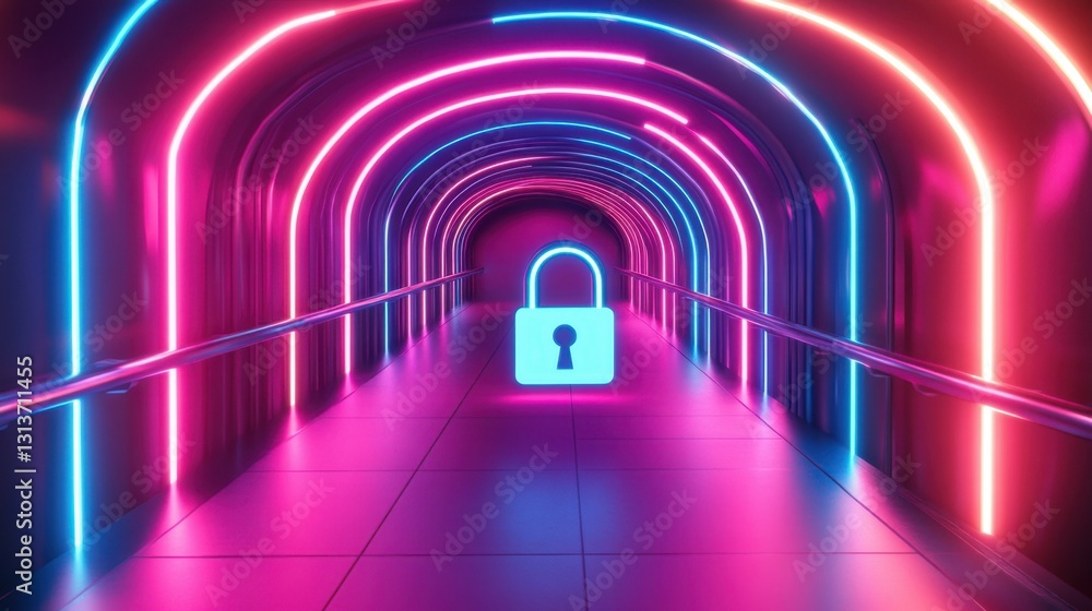 Poster a neon-lit padlock in a cyber data tunnel representing safe online browsing and protection.