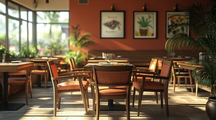 Cozy restaurant interior with wooden chairs.