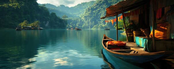 Obraz premium Discover the serene beauty of a hidden lake sanctuary, where towering, jagged cliffs softened by swirling, atmospheric mist rise majestically above crystal-clear waters This stunning landscape