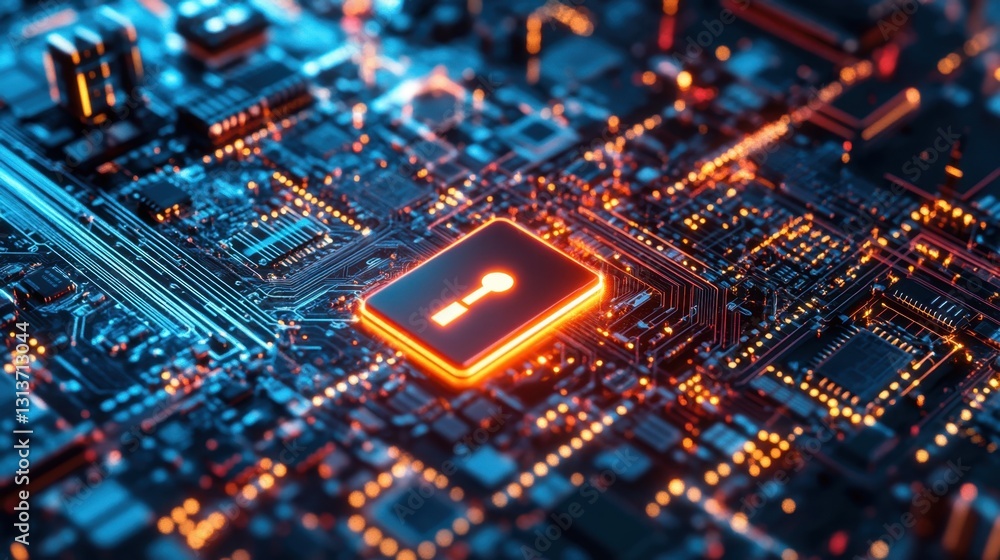 Poster a vibrant cybersecurity lock glowing within a high-tech security infrastructure.