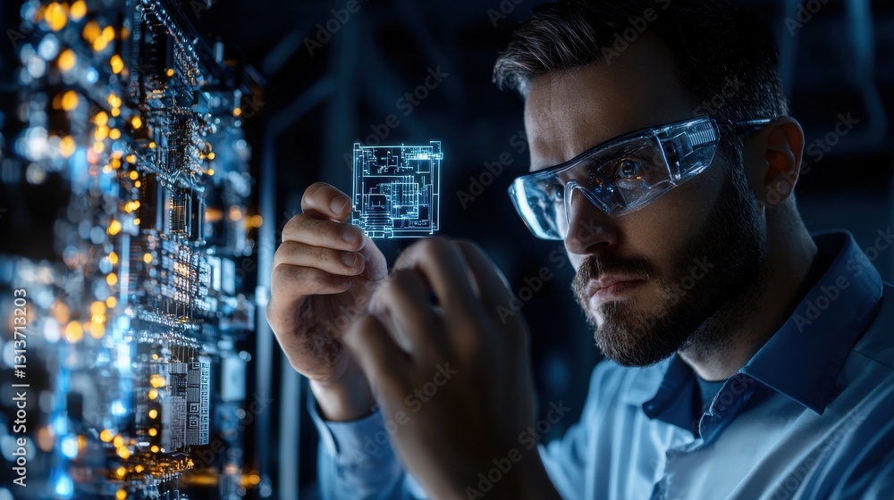 Poster A man in a lab coat is looking at a computer screen with a piece of technology i