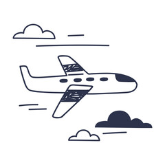 Simple airplane sketch flying among clouds, symbolizing travel and freedom.