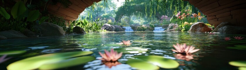 Fototapeta premium Discover the serene beauty of nature with this stunning image showcasing A pristine and clear river flowing beneath a natural stone arch, vibrant wildflowers along its banks This idyllic scene