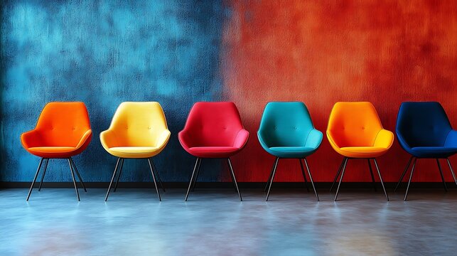 Close-up of stylish chairs in a range of colors and textures against a plain wall with text space