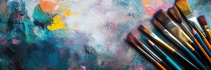 Fototapeta premium Artistic workspace filled with scattered creative tools including brushes, pencils, and digital tablets in colorful surroundings