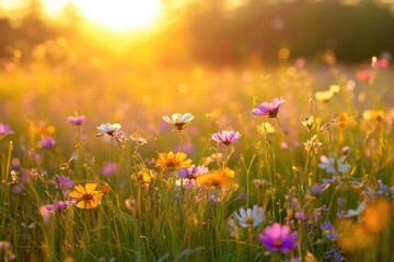 Fototapeta premium Colorful wildflower field glowing under warm sunset, ideal for nature enthusiasts and landscape photographers searching for serene outdoor scenes