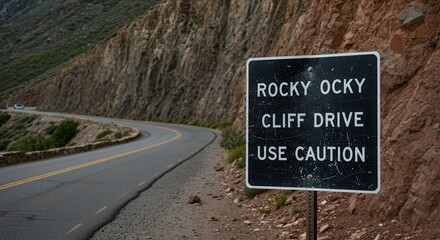 Obraz premium Scenic Cliff Drive Winding Road with Caution Sign on Mountainside