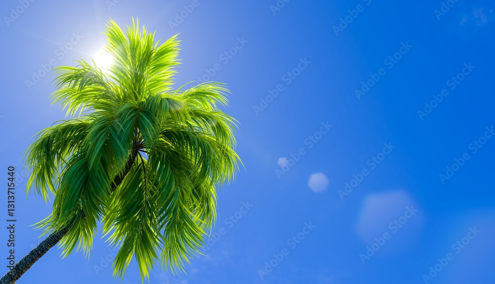 Poster palm tree on the background of the sunny sky. 3d rendering illustration.