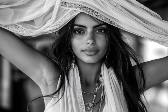 Embrace the wind's whisper with this captivating image a woman with flowing scarf, arms open wide, wind carrying freedom Experience the essence of liberation as her scarf dances in the breeze This