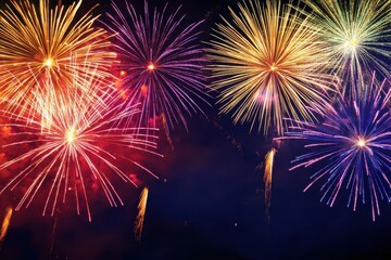 Obraz premium Colorful Fireworks celebrate anniversary happy new year, 4th of july holiday festival. Firework in night time celebrate national holiday.