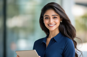 a smiling young south Asian business woman wearing a blue shirt holding a digital tablet in her hand