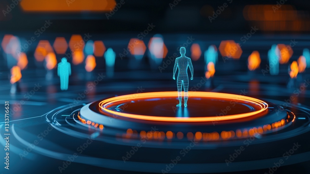 Poster a futuristic digital representation of a lone figure amidst glowing orbs, suggesting a tech-inspired