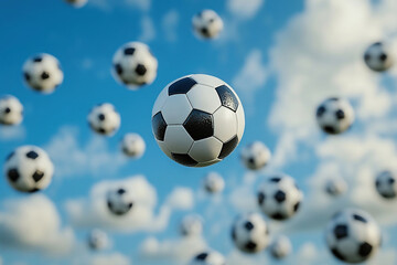 Fototapeta premium Classic black and white soccer balls falling from a bright blue summer sky.
