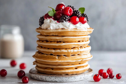 Delightful stack of golden waffles topped with fresh mixed berries and cream served on a rustic plate
