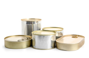 Tin cans with fish isolated on white background