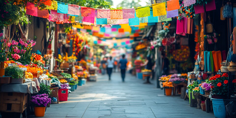 Naklejka premium Colorful Open-Air Market - Fresh Produce and Traditional Decorations