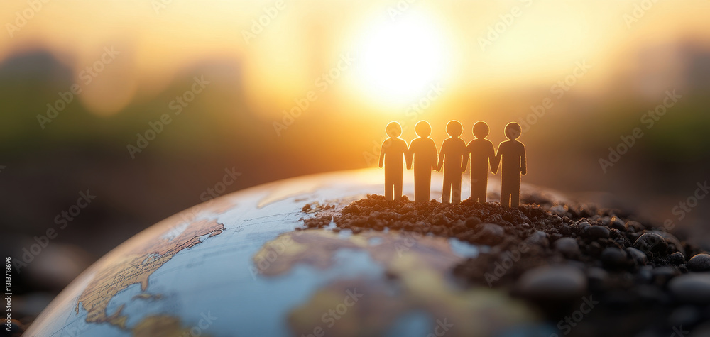 Poster abstract concept of international unity with figures on globe, symbolizing togetherness and global c