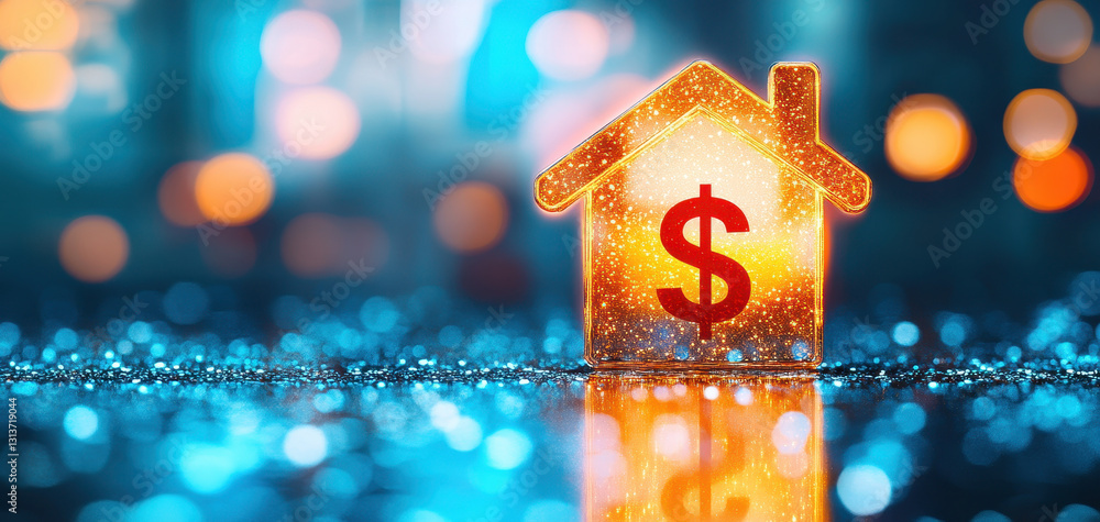 Poster glowing dollar sign merging into house, symbolizing wealth and home ownership. vibrant colors and sp