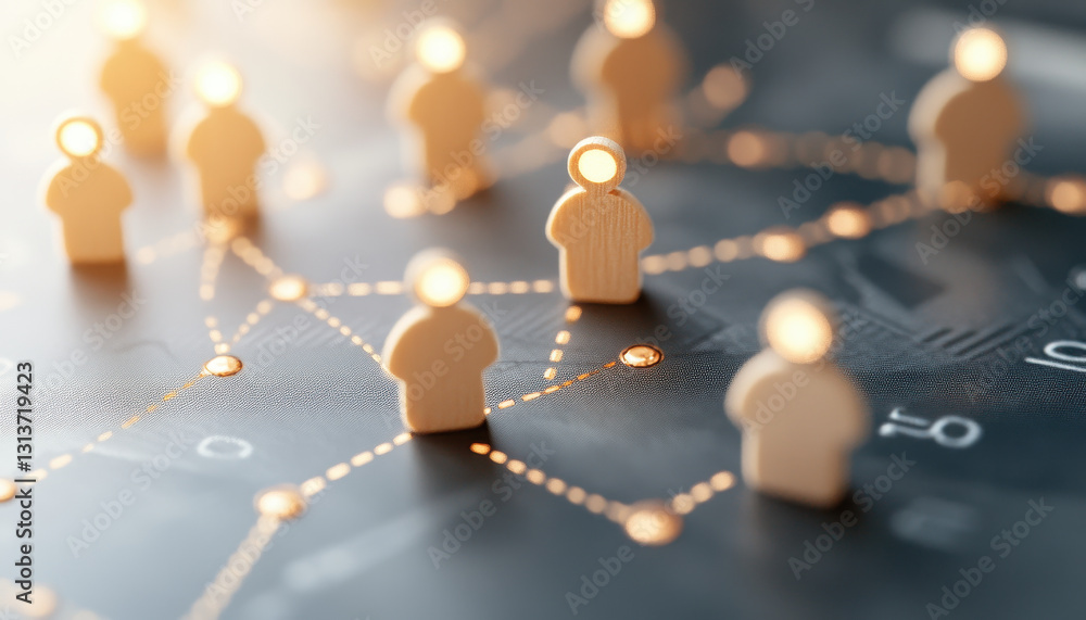 Poster miniature wooden figures connected by glowing lines on dark surface, symbolizing networking and inte