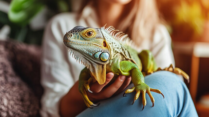 A stunning iguana perches on its owner's lap, showcasing its brilliant colors and intricate scales. A rare and exotic pet.