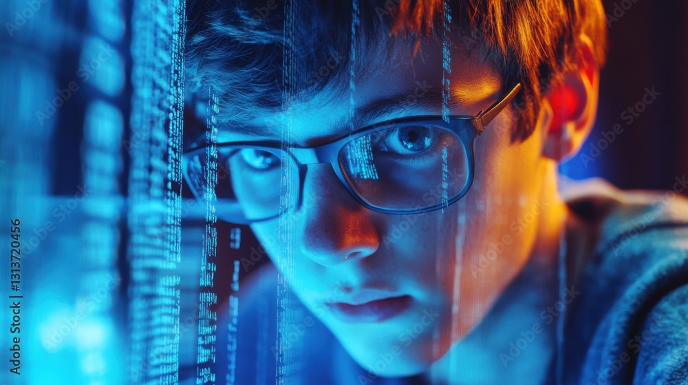 Poster young programmer working late at night on computer screen