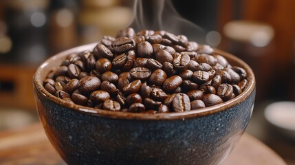 Fototapeta premium Freshly Roasted Coffee Beans Steaming in Rustic Bowl, Aromatic Ingredient, Caffeine Beverage Concept