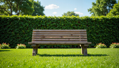 Fototapeta premium Wooden Bench on Green Lawn for Gardening Blogs, Outdoor and Landscaping Websites, Educational Projects, Park Maintenance Articles and Lawn Care Tips