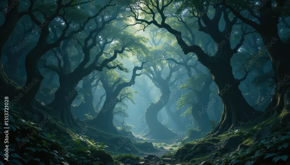 Aufkleber enchanted forest with twisted trees and mystical light rays