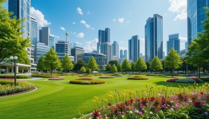 Fototapeta premium Urban Park with Modern Skyscrapers and Vibrant Flowerbeds