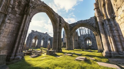Sunlit Ruins Gothic Church Interior, Grassy Cemetery, Historical Site, Stock Photo