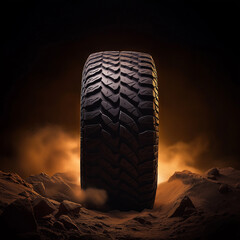 A close up of a tire on a sandy surface