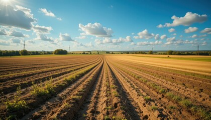 Expansive Agricultural Field Under Clear Blue Sky with Clouds