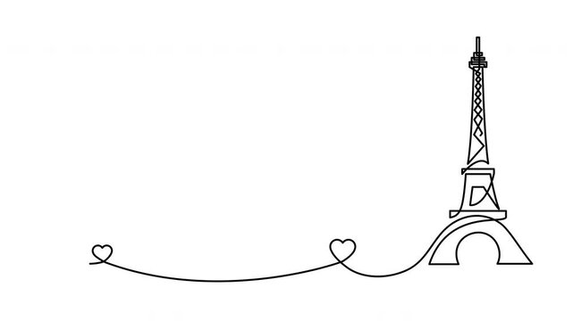 Line drawing of the Eiffel tower and two hearts 
