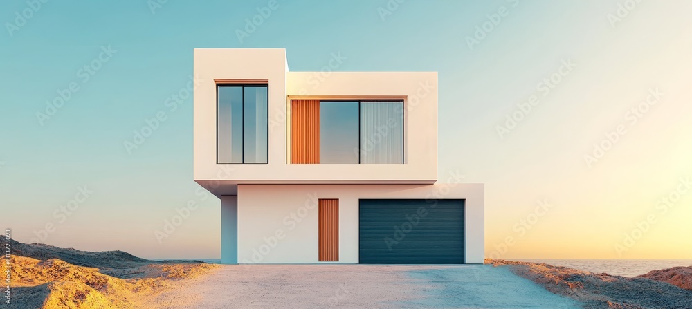 Aufkleber modern minimalist white house with a garage 3d rendering with copy space for text or design