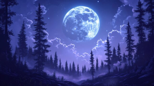 enchanting night forest underneath a giant blue moon